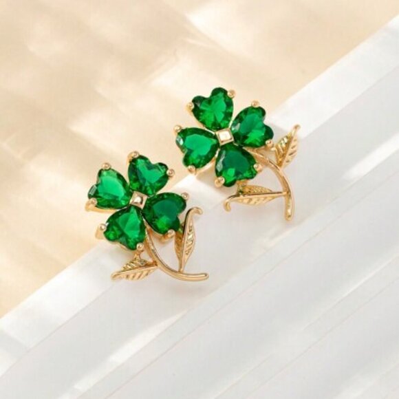 Jewelry - 18k Gold over Sterling Silver Clover Emerald Earrings